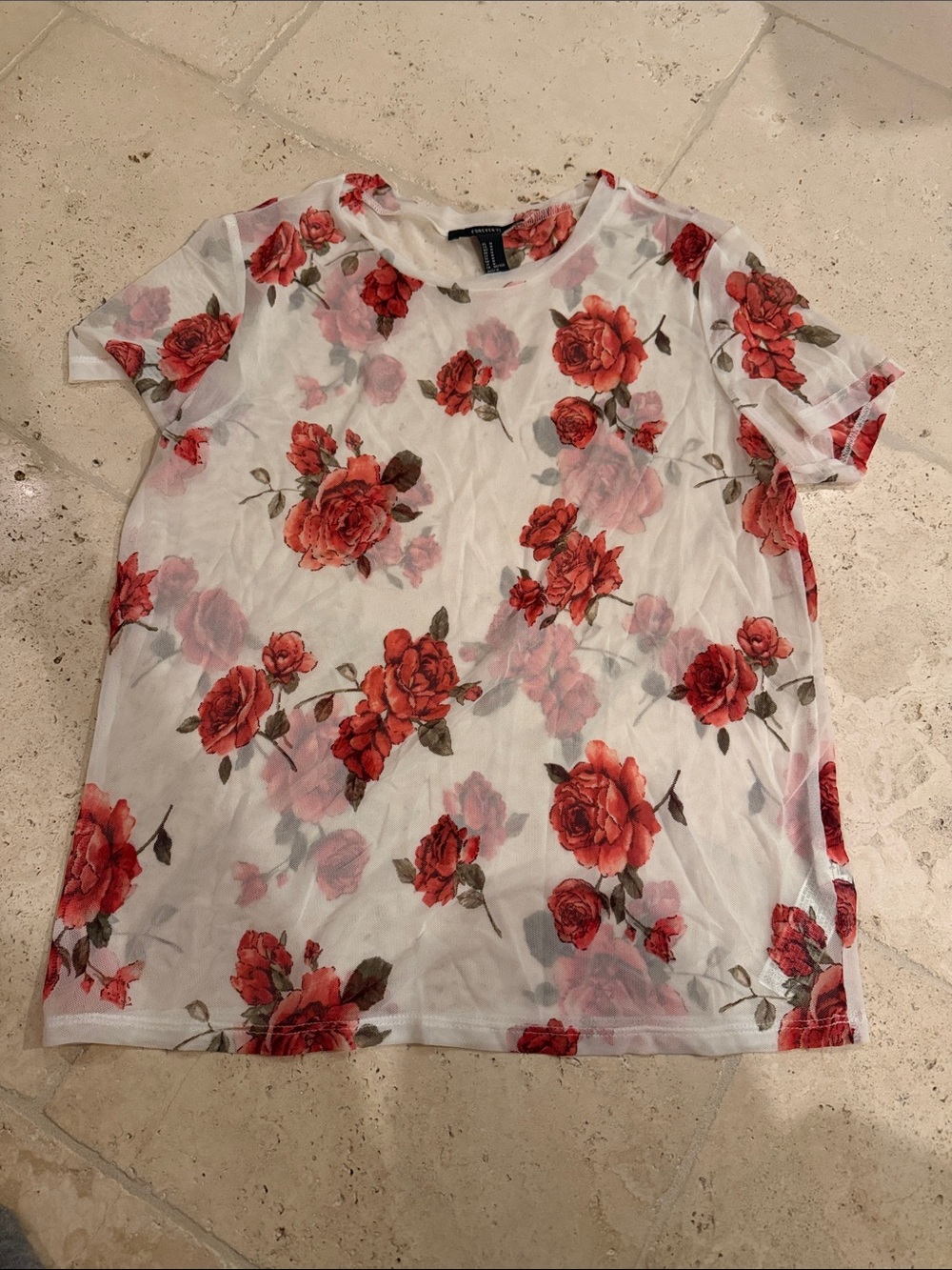 Forever 21 White Sheer Top with Red Rose Print